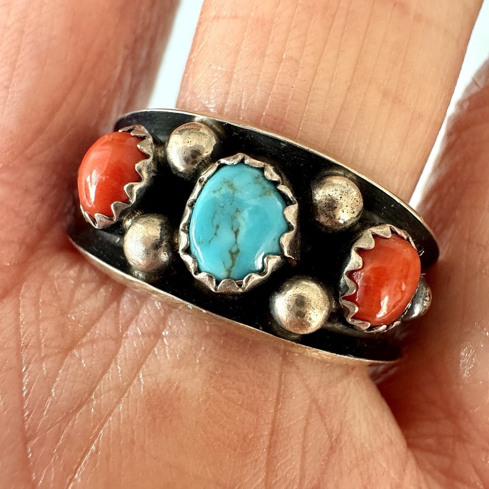 Turquoise Coral Band Ring‎ Sz 11 Navajo 5g 11mm Native Amer Dark Sterling Mens